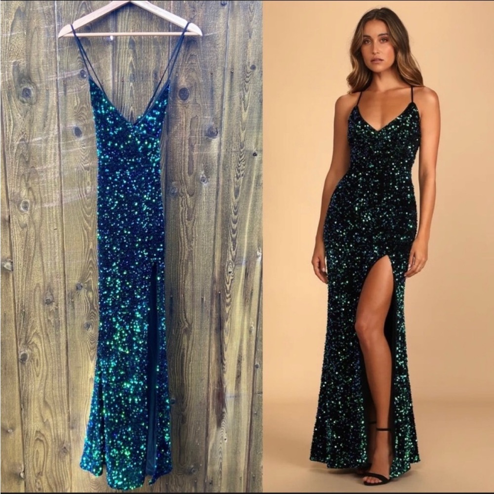 Green Iridescent Sequin Velvet Backless Maxi Dress 🌿